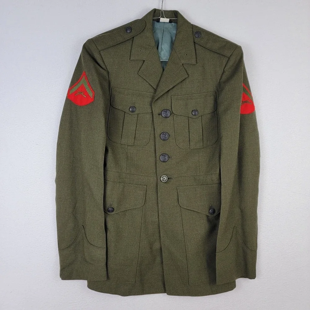 Vtg Marine Corps USMC Military Dress Coat Mens 35R Green Pockets Wool Button